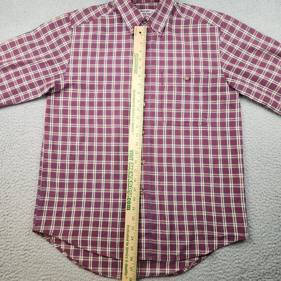 Vtg Wrangler Button Shirt Mens Medium Rugged Wear Brick Red Plaid Sawtooth Rodeo - Picture 5 of 11